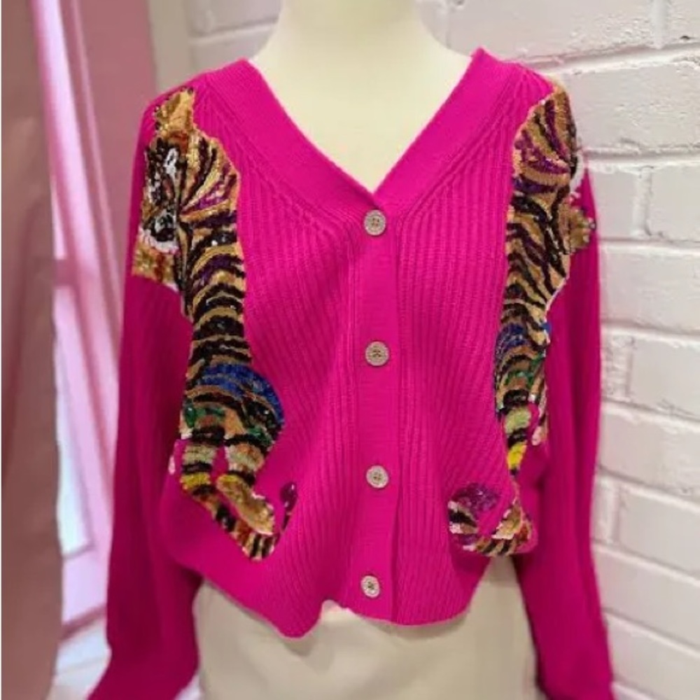 Queen of sparkles bright pink tiger sweater